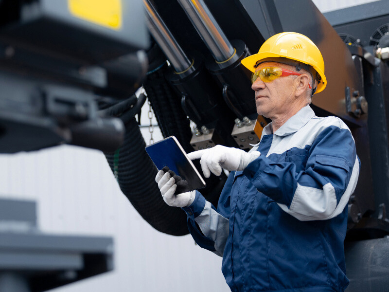 Working witha a yellow helmet using a tablet